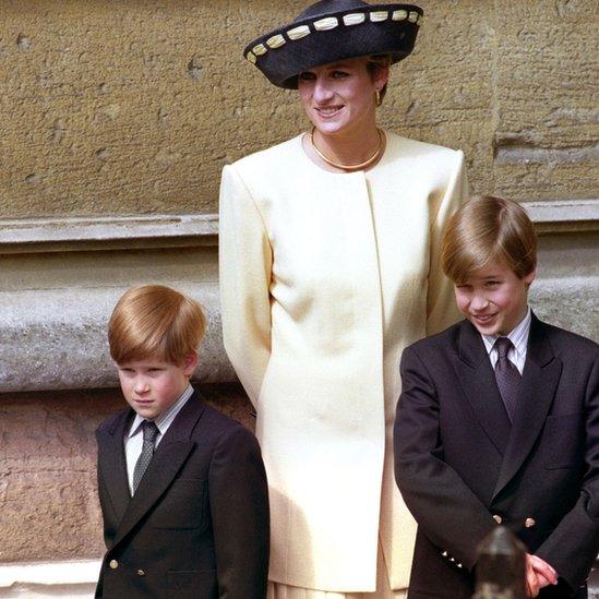 Prince Harry and Prince William with Diana, Princess of Wales on 19 April 1992