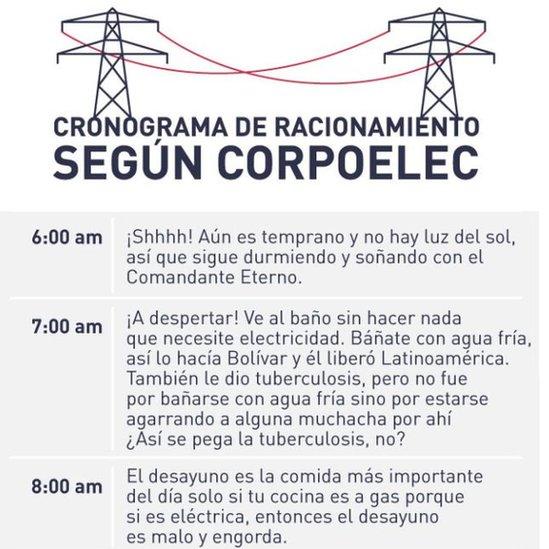 Mock schedule suggesting how Venezuelans can save electricity