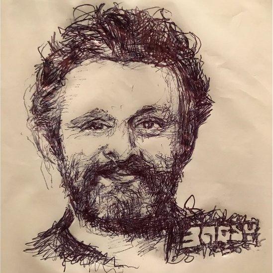 A drawing of Michael Sheen on a carrier bag