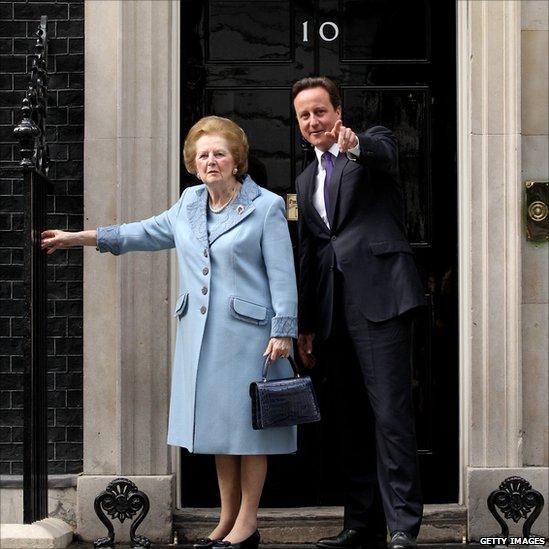 British Prime Minister David Cameron greets former Prime Minister Baroness Thatcher on the steps of No 10 Downing Street on June 8, 2010 in London, England