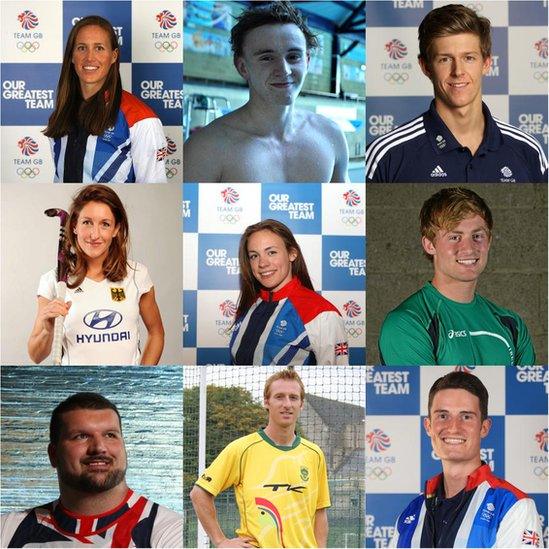 Top L:R Helen Glover, rowing (gold); Morgyn Peters, paralympic swimming; James Disney-May, swimming; Middle L:R Christina Schütze, hockey (Germany); Sophie Williams, fencing; Arthur Lanigan O'Keefe, modern pentathlon (Ireland) Bottom L:R Carl Myerscough, shotput; Ian Haley, hockey (South Africa); Peter Wilson, shooting (gold)