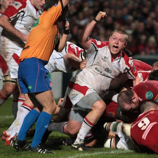 Tom Court celebrates as Nick Williams drives over to score Ulster's second try against the Scarlets