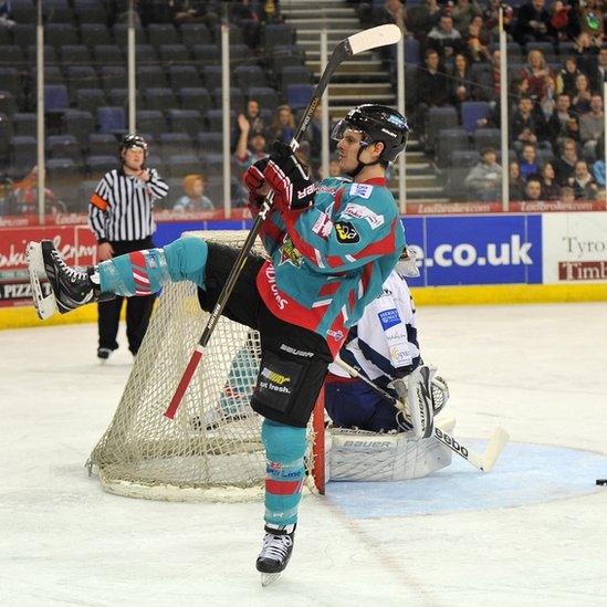 Craig Peacock of the Belfast Giants celebrates after scoring the second goal against the Edinburgh Capitals