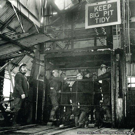 Miners waiting in the lift to descend into the pit, 1976