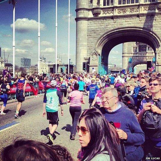 Runners cross Tower Bridge. Photo: Jim Lucas