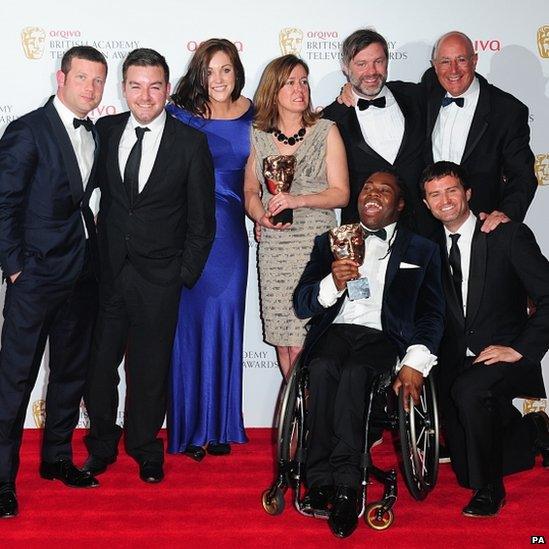 Presenter Dermot O'Leary, Alex Brooker, Rachel Lathan, Deborah Poulton, Ade Adepitan, Gary Franses and Giles Long with the sport and live event award for The London 2012 Paralympic Games