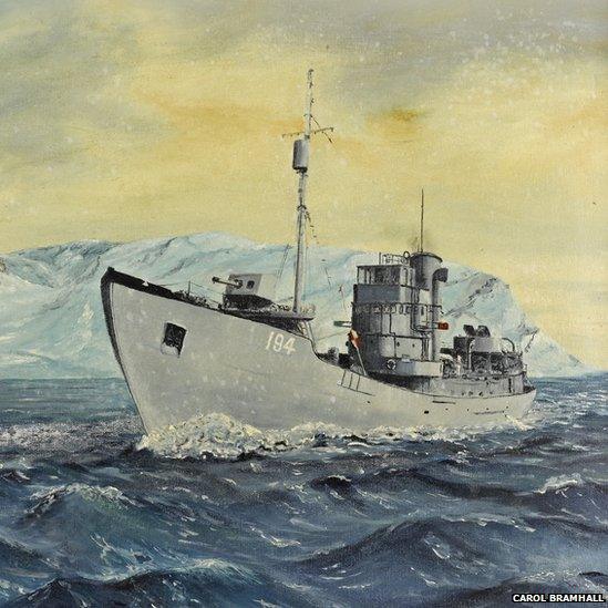 Painting of the armed trawler ‘Northern Gem’. The trawler was involved in the famous PQ17 convoy.