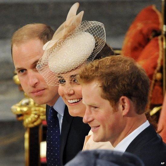 Left to right: Prince William, his wife Catherine, the Duchess of Cambridge, and Prince Harry