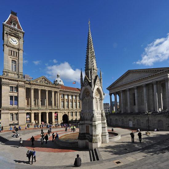 Chamberlain Square in Birmingham, including the Town Hall and Museum and Art Gallery