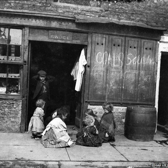 Shop front offering coals for sale, children at play, Sandgate, Edgar Lee, c 1892