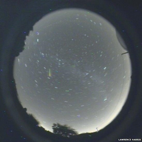 A picture of the meteor shower through Lawrence Harris' all-sky-camera in Stowupland, Suffolk, England