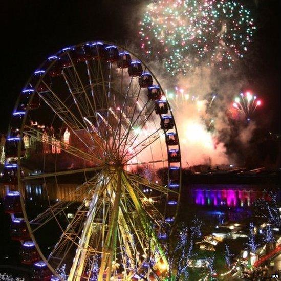 Fireworks over Edinburgh to celebrate the New Year's Eve Edinburgh Hogmanay street party, Scotland