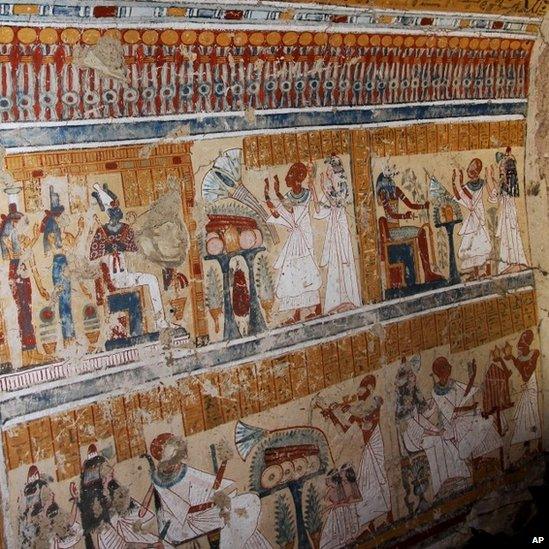 Coloured inscriptions on a newly discovered tomb in Luxor