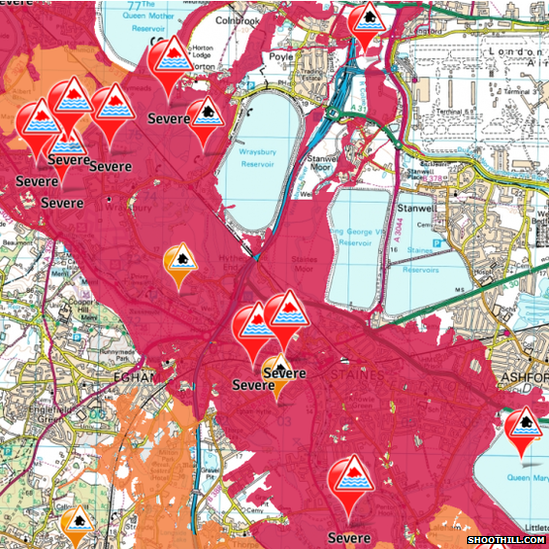 Map showing flood warnings in Surrey and Berkshire