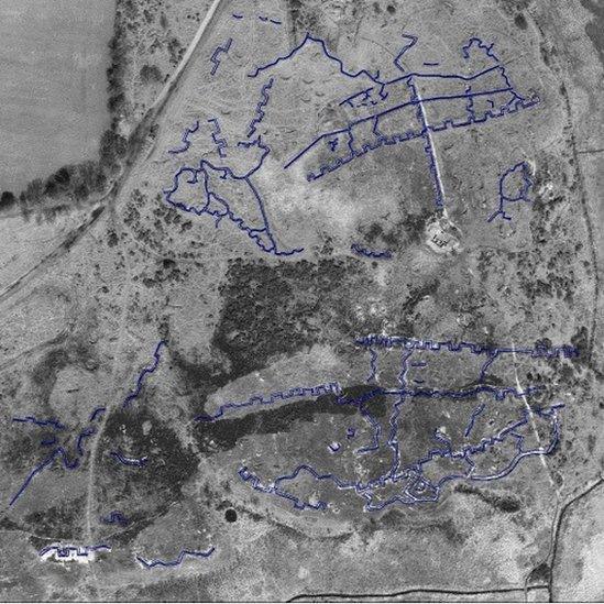 Aerial plan of the lost practice battlefield at Browndown, Gosport, Hampshire.