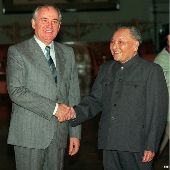 General Secretary of the Soviet Communist Party, Mikhail Gorbachev (left), shakes hands with Chinese senior leader Deng Xiaoping on 16 May 1989