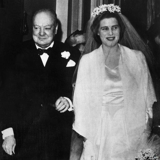 Winston Churchill walking his daughter down the aisle in Westminster Abbey