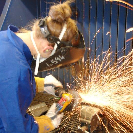 Girl using angle grinder