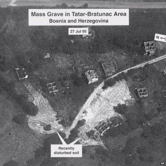 Aerial photo of mass graves around Srebrenica shown as evidence during the trial of Bosnian Serb Army Gen Radislav Krstic on 25 May 2000 at the Yugoslav War Crimes tribunal in The Hague.