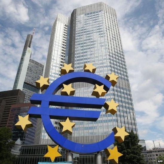 The Euro logo is pictured in front of the European Central Bank, ECB in Frankfurt am Main, western Germany, on 7 August 2014.