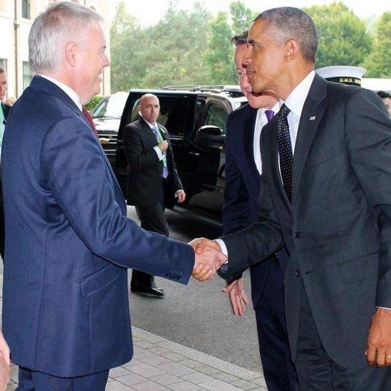 Wales' First Minister Carwyn Jones welcomed President Obama and Prime Minister David Cameron to the Celtic Manor