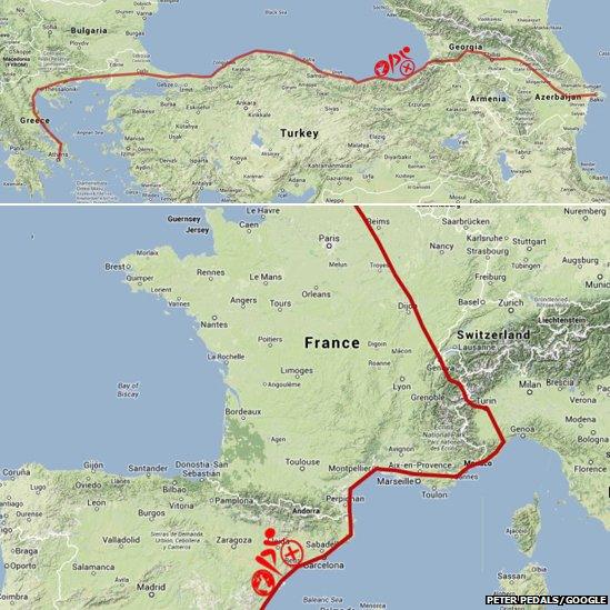 Route of part of bicycle journey