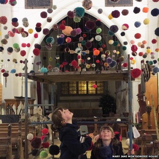 Pom pom art in Cambridgeshire church