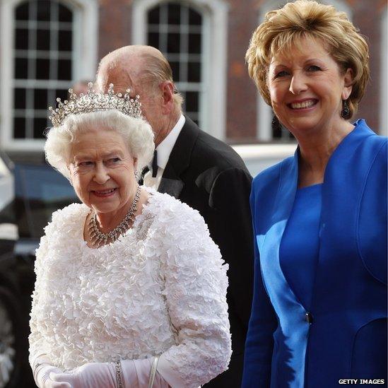 The Queen and the then President of Ireland Mary McAleese attended a state banquet in Dublin Castle in May 2011