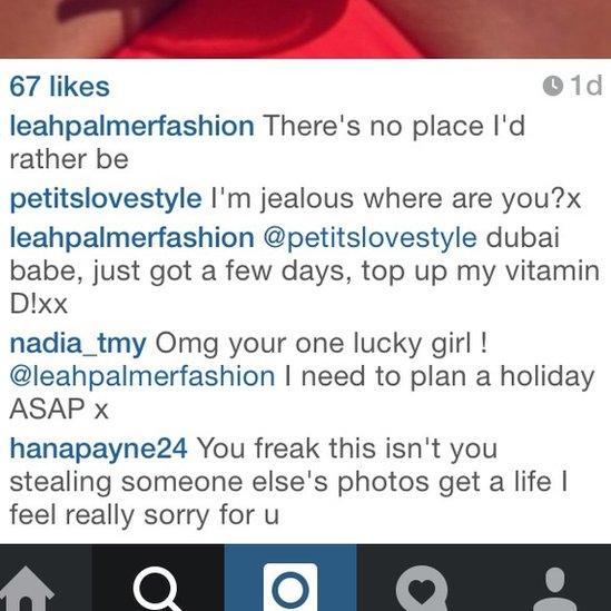 Screen grab of fake Leah Palmer account