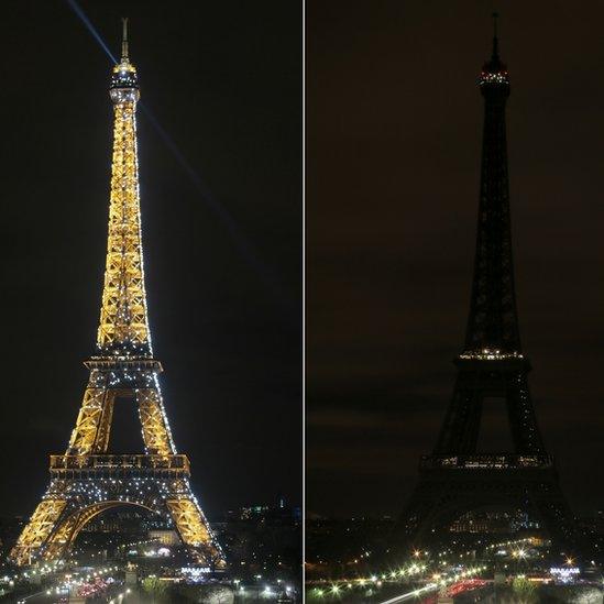 Eiffel Tower before and after during Earth Hour