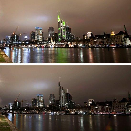 Frankfurt skyline before and during Earth Hour