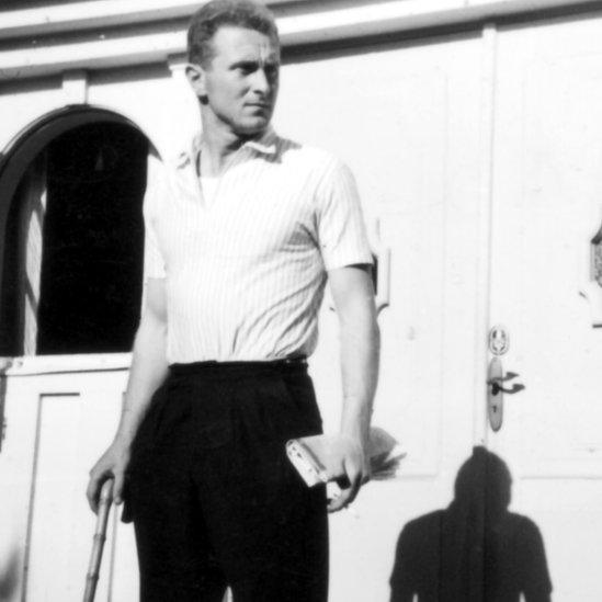 Harry Gregg, with walking stick outside his chalet in Sweden in 1958, he had to throw it away to play in the World Cup quarter-final against France