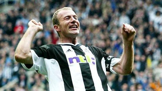 Alan Shearer celebrates scoring a goal. He is wearing a black and white vertically-lined football shirt with the Newcastle badge and Adidas logos with the sponsor ntl across the front 