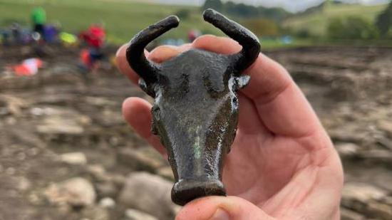 The bronze head of a bull deity is just 7cm long, very shiny and in good condition. It is being held in a hand to give an idea of its size. The background is blurred of the excavation site.