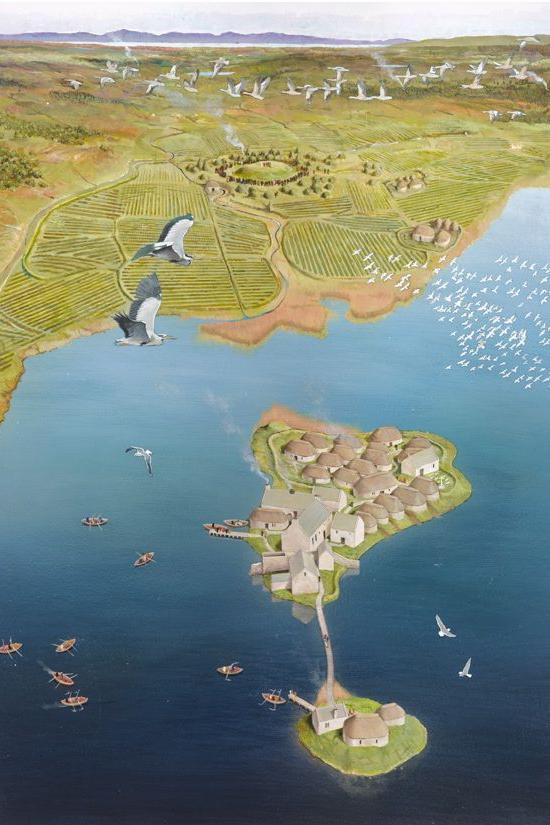 A visualisation providing an aerial view of the small islands at Finlaggan. There are clusters of thatched roof buildings on the islands. There boats on the loch's water and white birds in the sky.