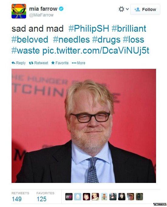 Mia Farrow's tweet on Philip Seymour Hoffman's death