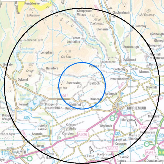 A map of Angus showing blue and black circles denoting the protection and surveillance zones for the bird flu outbreak.