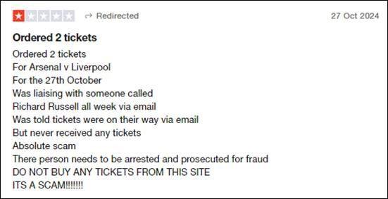 A Trustpilot review that names Mr Russell as the man responsible for the ticket scam