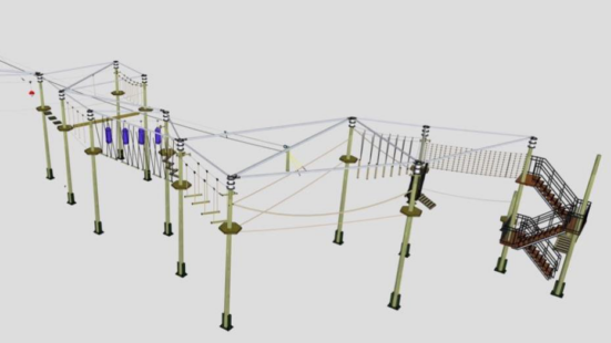 An artists impression of a new high ropes course. Large poles, with platforms stand at intervals, which ropes and ladders stretched between them.