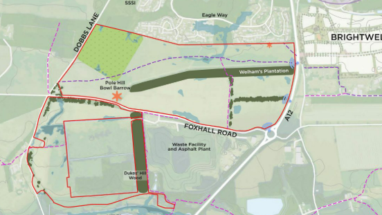 A map of a site where a brand new neighbourhood will be built. The site has been outlined by a red line. 