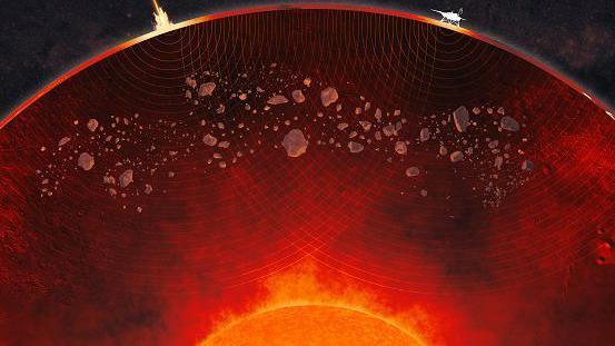 An artist’s impression revealing debris from ancient impacts scattered through the planet’s mantle.