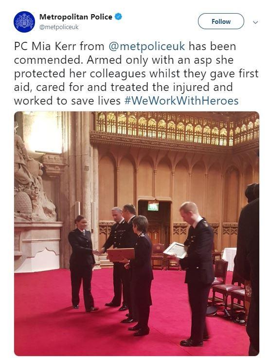 PC Kerr was recognised for her bravery at the London Bridge attack