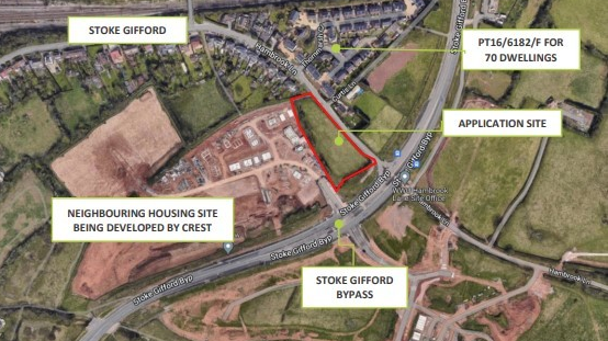 A map shows the location of 14 new proposed houses. Hambrook Lane and the Stoke Gifford bypass are shown, between which there is a piece of land highlighted in red where the new development would be.