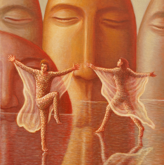 George Underwood's painting for Sound & Vision featuring two dancers on a reflective floor with large faces behind them