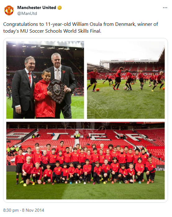 Manchester United post on X/Twitter from 2014 congratulating William Osula for winning a skills contest