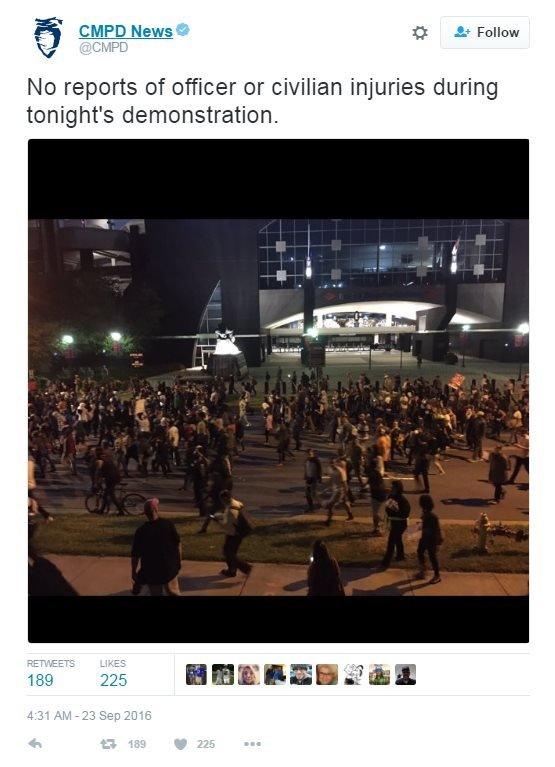 Charlotte-Macklenburg Police Department on Twitter: No reports of officer or civilian injuries during tonight's demonstration.