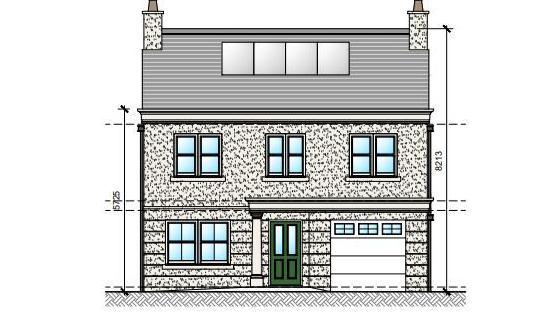 A 2D elevation of a two-storey home with a garage to the right.