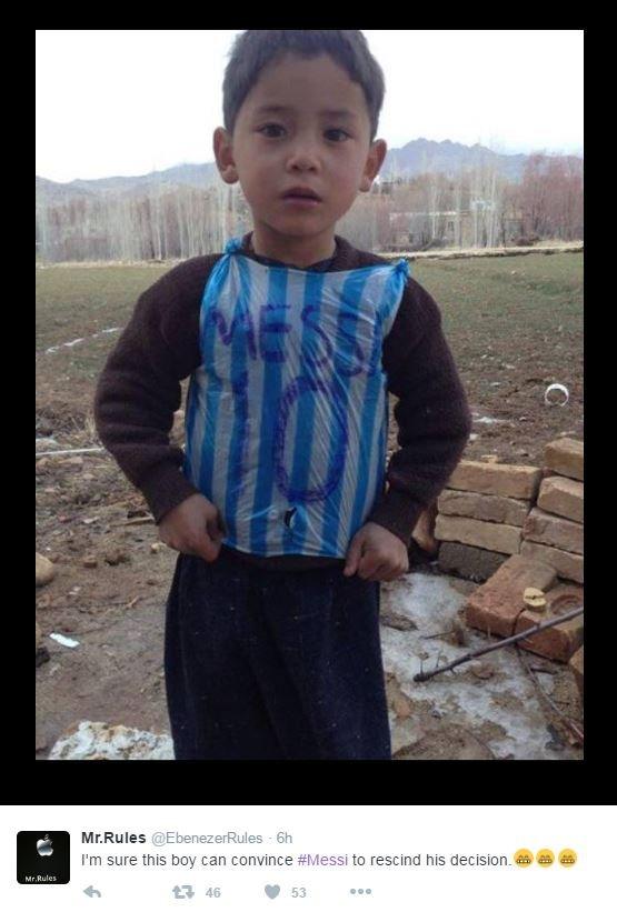 Boy in Messi shirt made from plastic bag