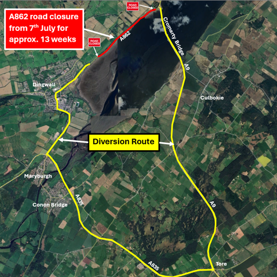 A map showing the road closure at Dingwall in red and the diversion in yellow. In a red box are the words: A862 road closure from 7 July for approx. 13 weeks. In a yellow box are the words: Diversion route.