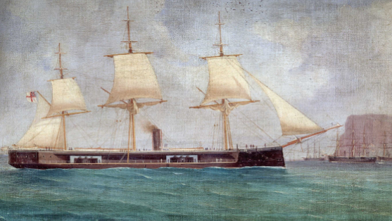 An oil painting depicting the HMS Captain at sea. It is a long wooden vessel with five white sails spread across its body